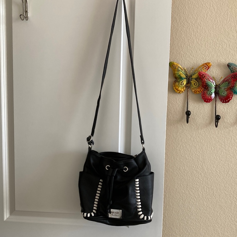 Nicole Miller Faux Leather Black Shoulder/Crossbody W/White Faux Leather Accents